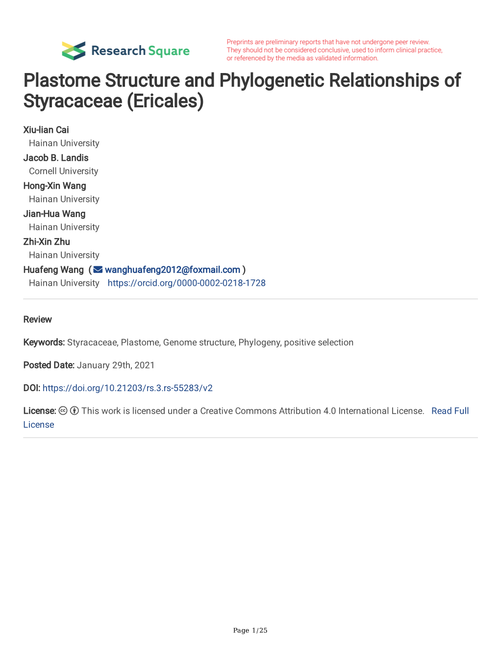 Plastome Structure and Phylogenetic Relationships of Styracaceae (Ericales)