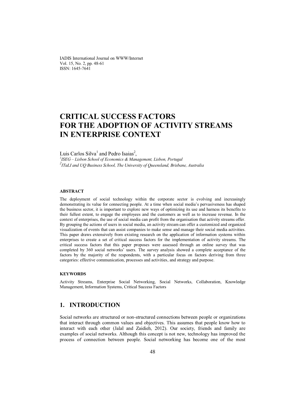 Critical Success Factors for the Adoption of Activity Streams in Enterprise Context