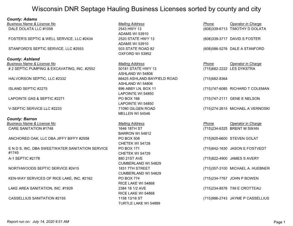 Wisconsin DNR Septage Hauling Business Licenses Sorted by County and City