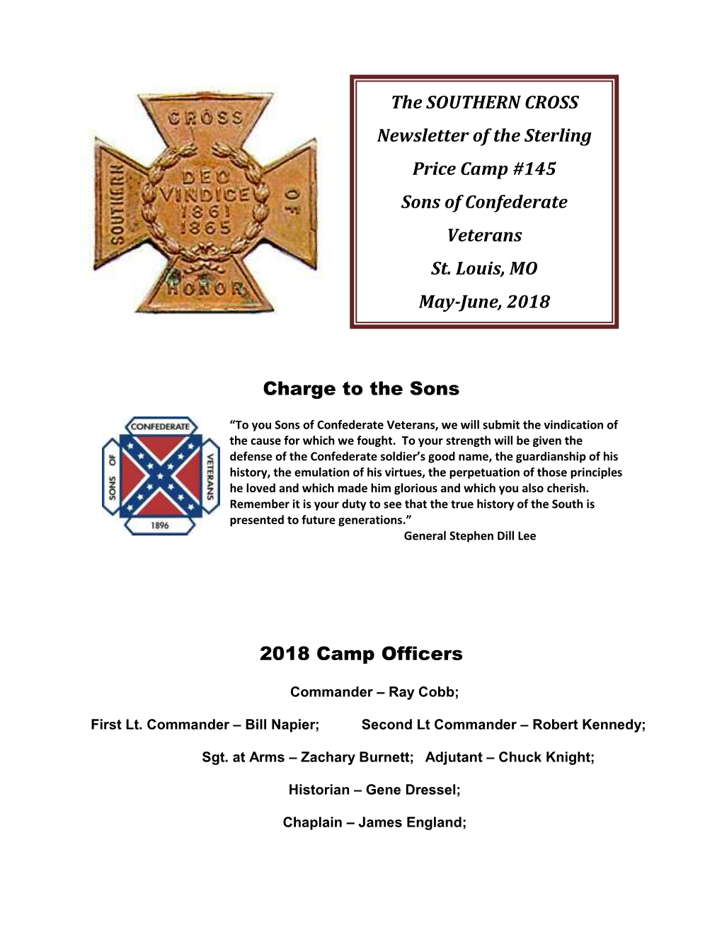 Charge to the Sons 2018 Camp Officers the SOUTHERN CROSS