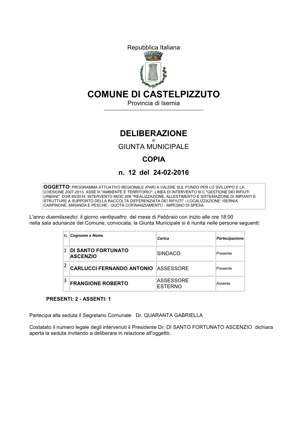 COMUNE DI CASTELPIZZUTO Provincia Di Isernia