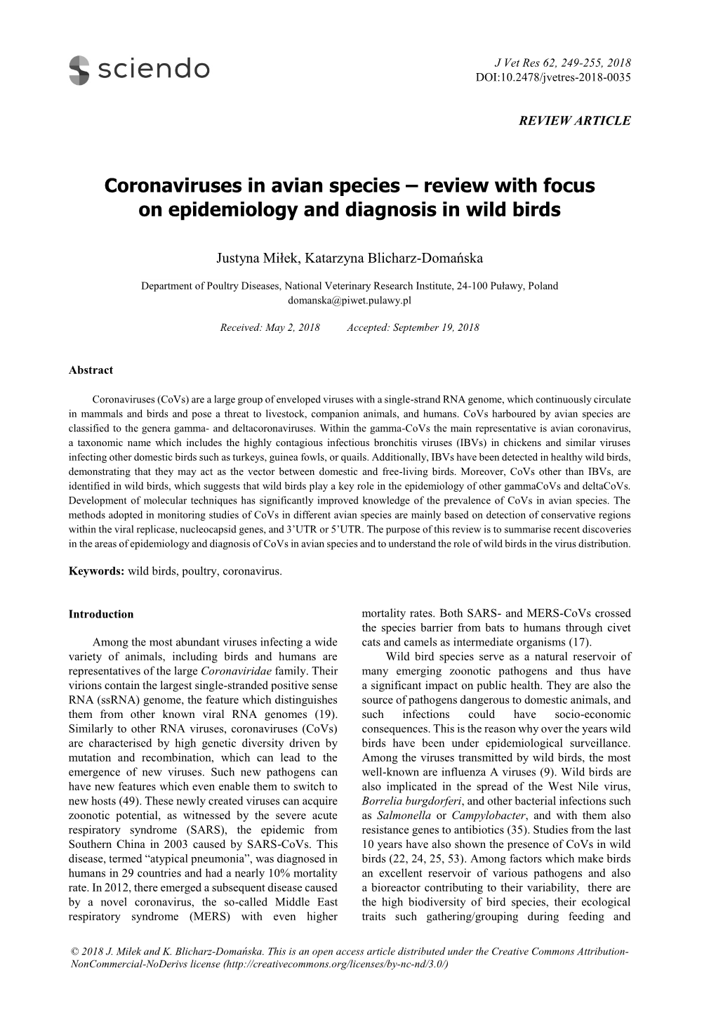 Coronaviruses in Avian Species – Review with Focus on Epidemiology and Diagnosis in Wild Birds