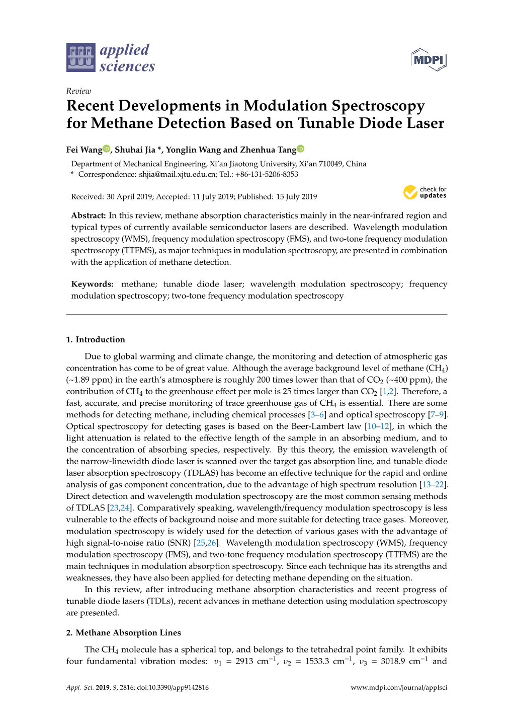 Recent Developments in Modulation Spectroscopy for Methane Detection Based on Tunable Diode Laser