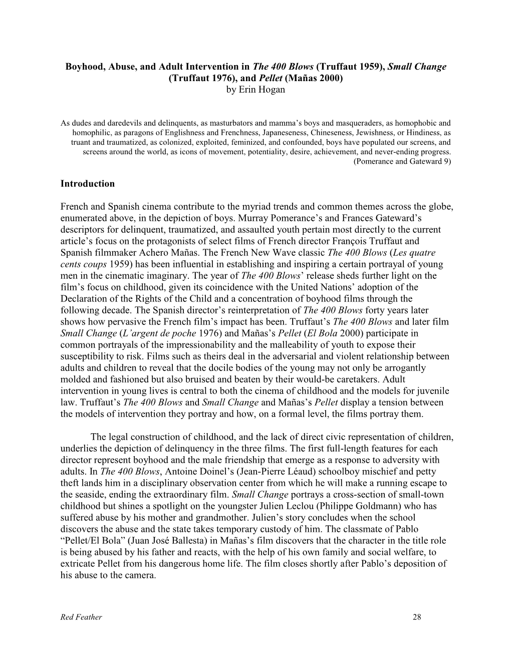 Boyhood, Abuse, and Adult Intervention in the 400 Blows (Truffaut 1959), Small Change (Truffaut 1976), and Pellet (Mañas 2000) by Erin Hogan