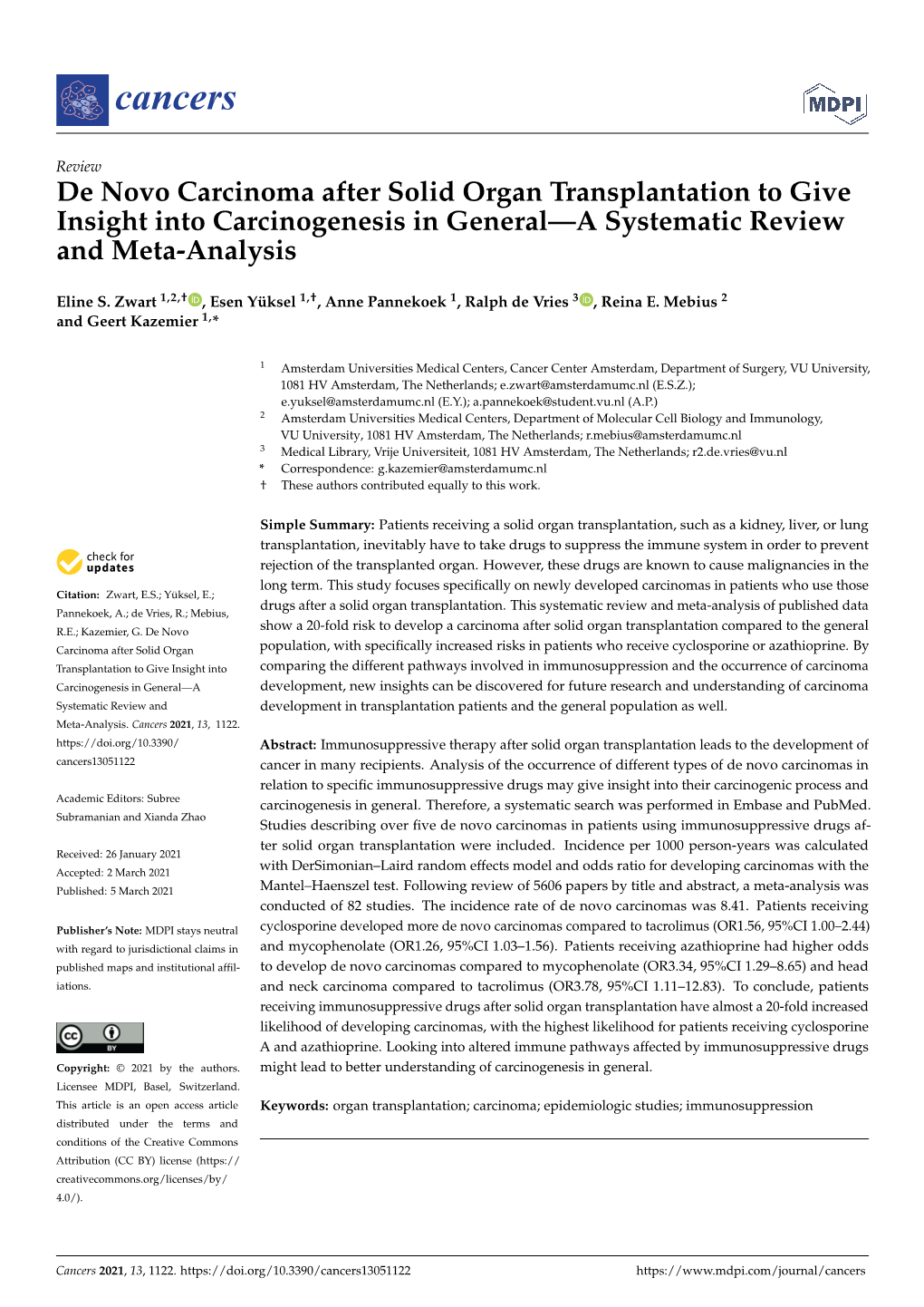 De Novo Carcinoma After Solid Organ Transplantation to Give Insight Into Carcinogenesis in General—A Systematic Review and Meta-Analysis