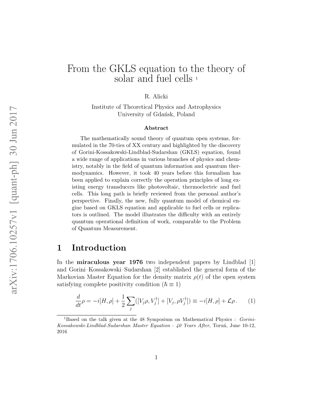 From the GKLS Equation to the Theory of Solar and Fuel Cells 1 Arxiv