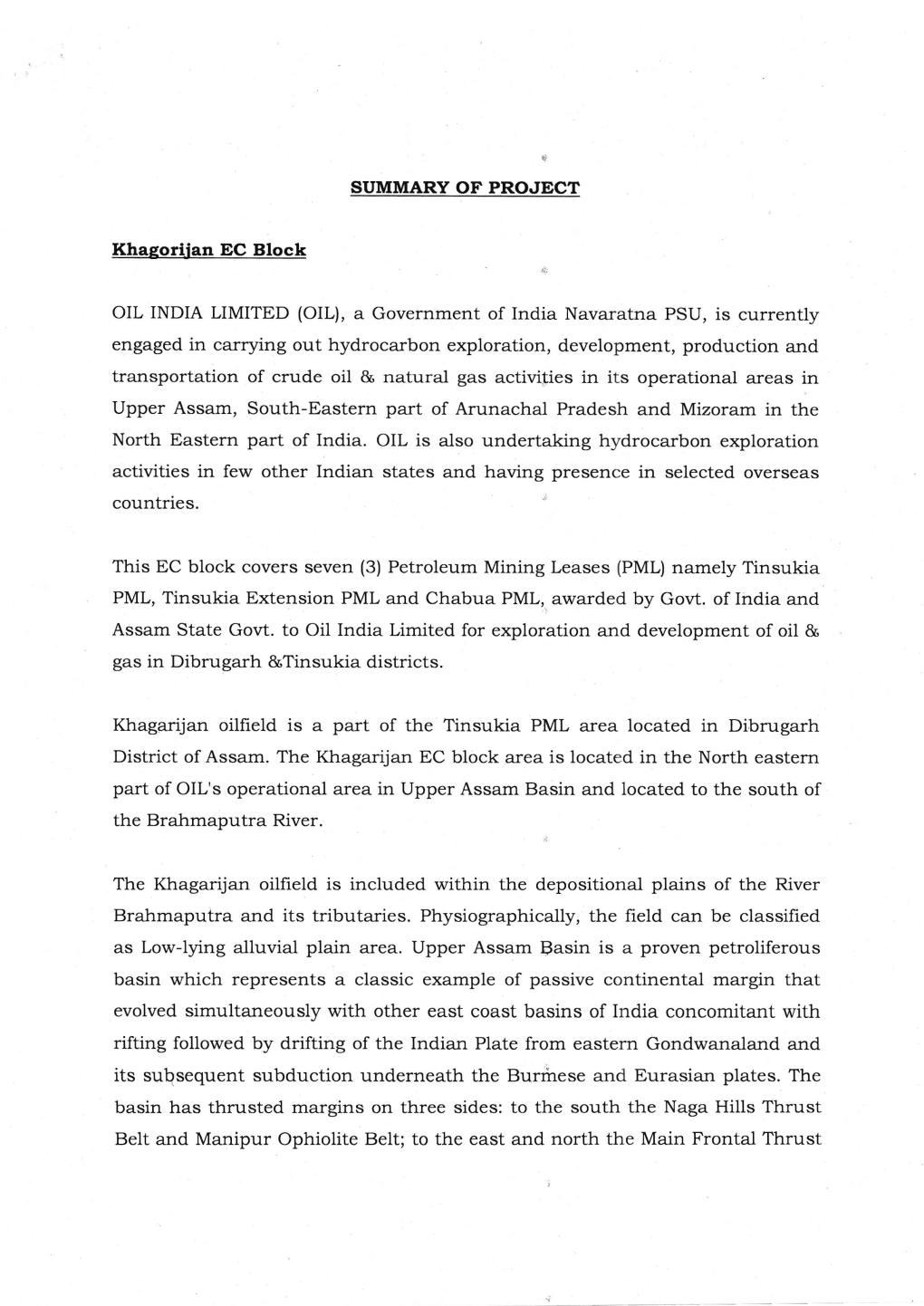 Khagarijan Oilfield Is a Part of the Tinsukia PML Area Located in Dibrugarh As Low-Lying Alluvial Plain Area. Upper Assam Basin