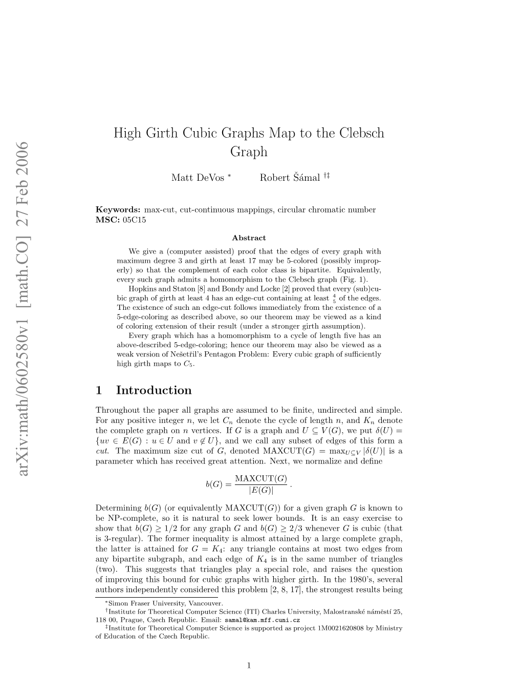 High Girth Cubic Graphs Map to the Clebsch Graph