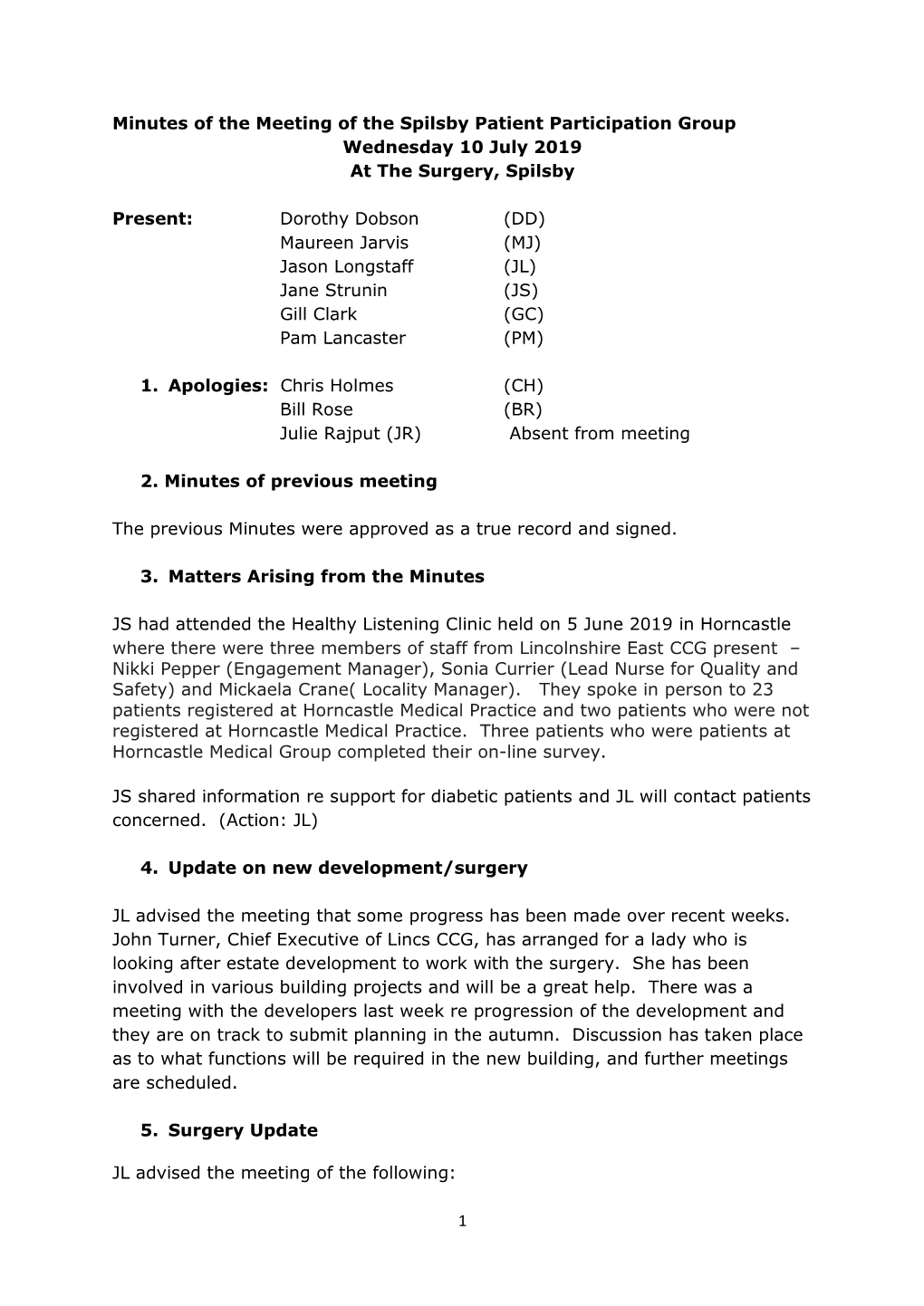 1 Minutes of the Meeting of the Spilsby Patient Participation Group