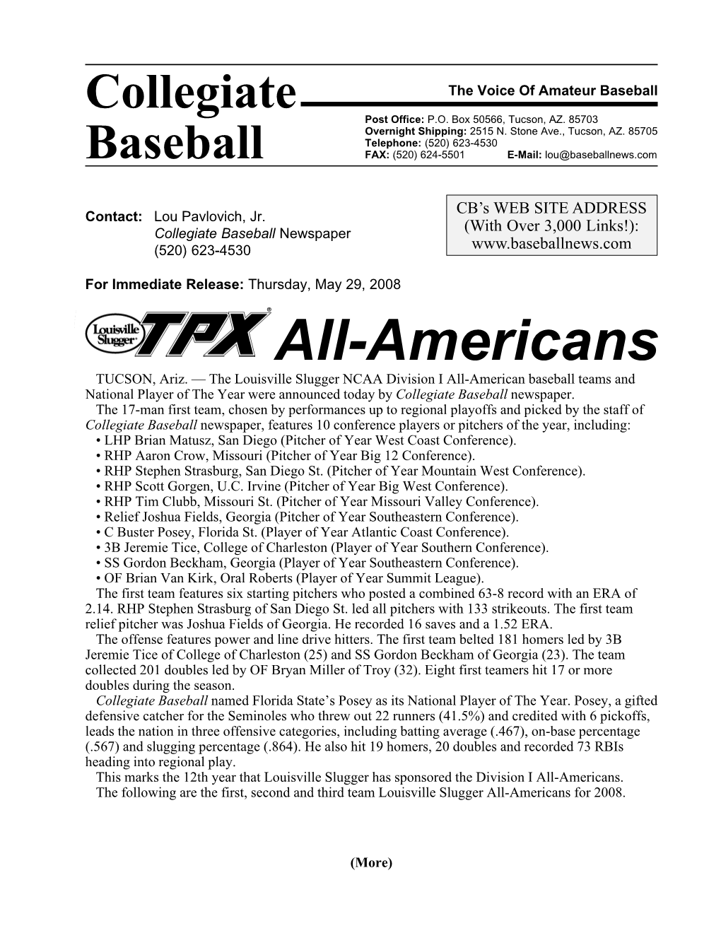 Collegiate Baseball Newspaper (With Over 3,000 Links!): (520) 623-4530