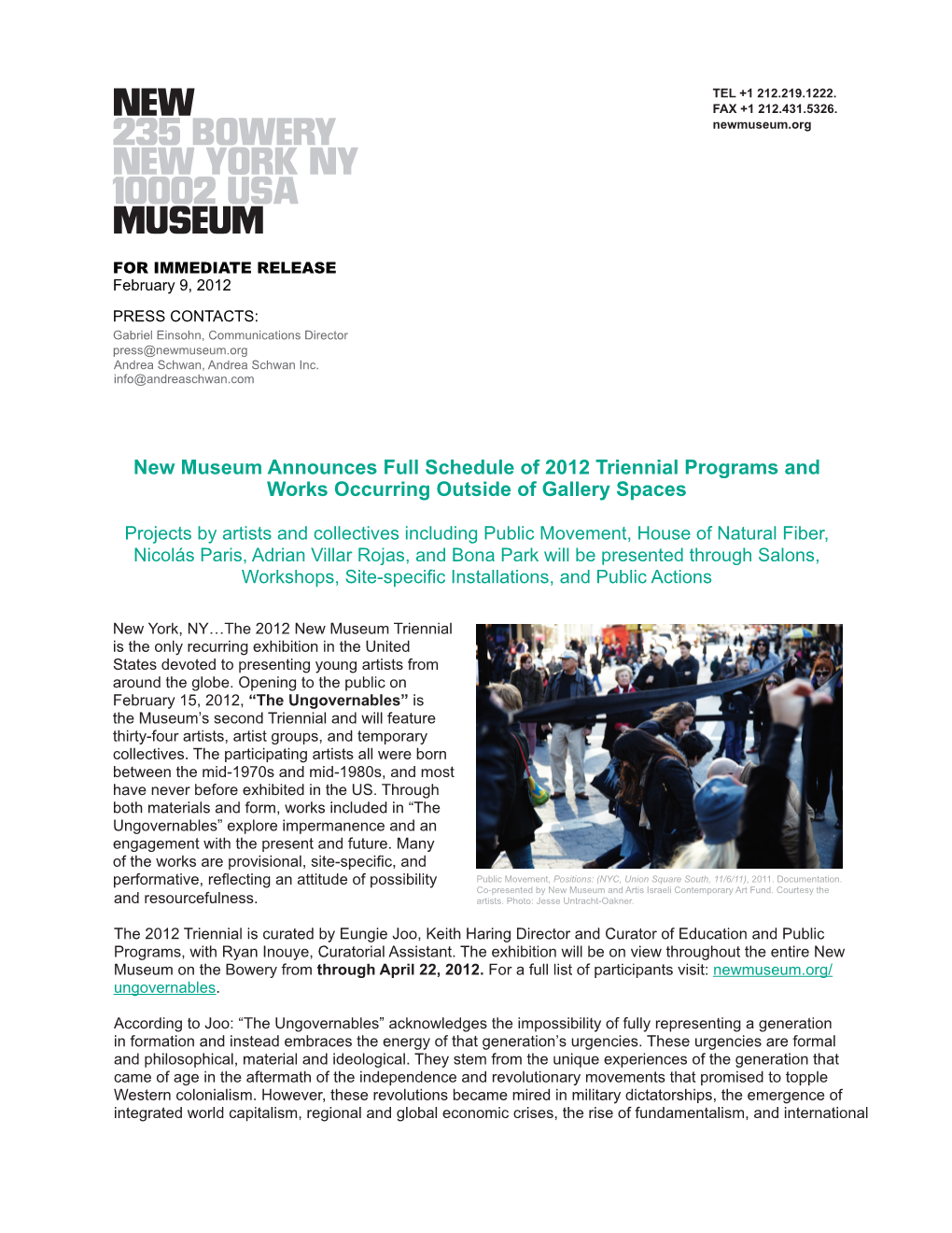 New Museum Announces Full Schedule of 2012 Triennial Programs and Works Occurring Outside of Gallery Spaces