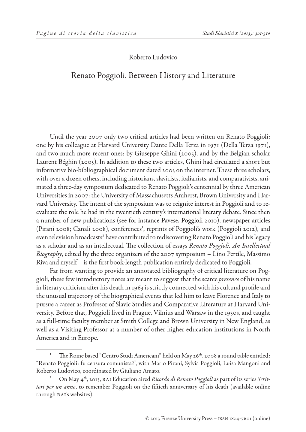 Renato Poggioli. Between History and Literature