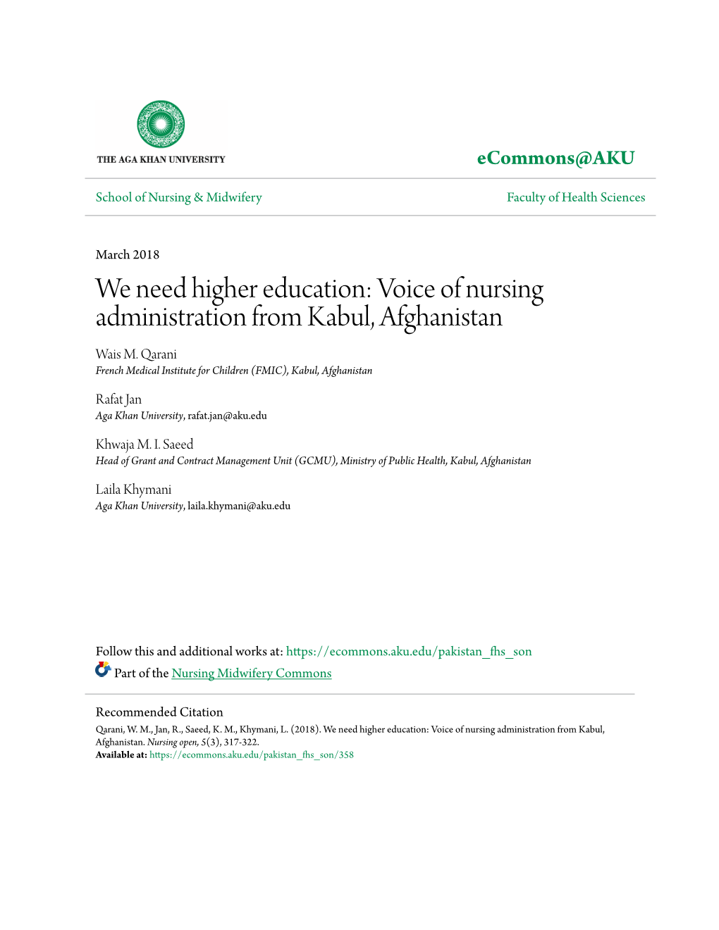 Voice of Nursing Administration from Kabul, Afghanistan Wais M