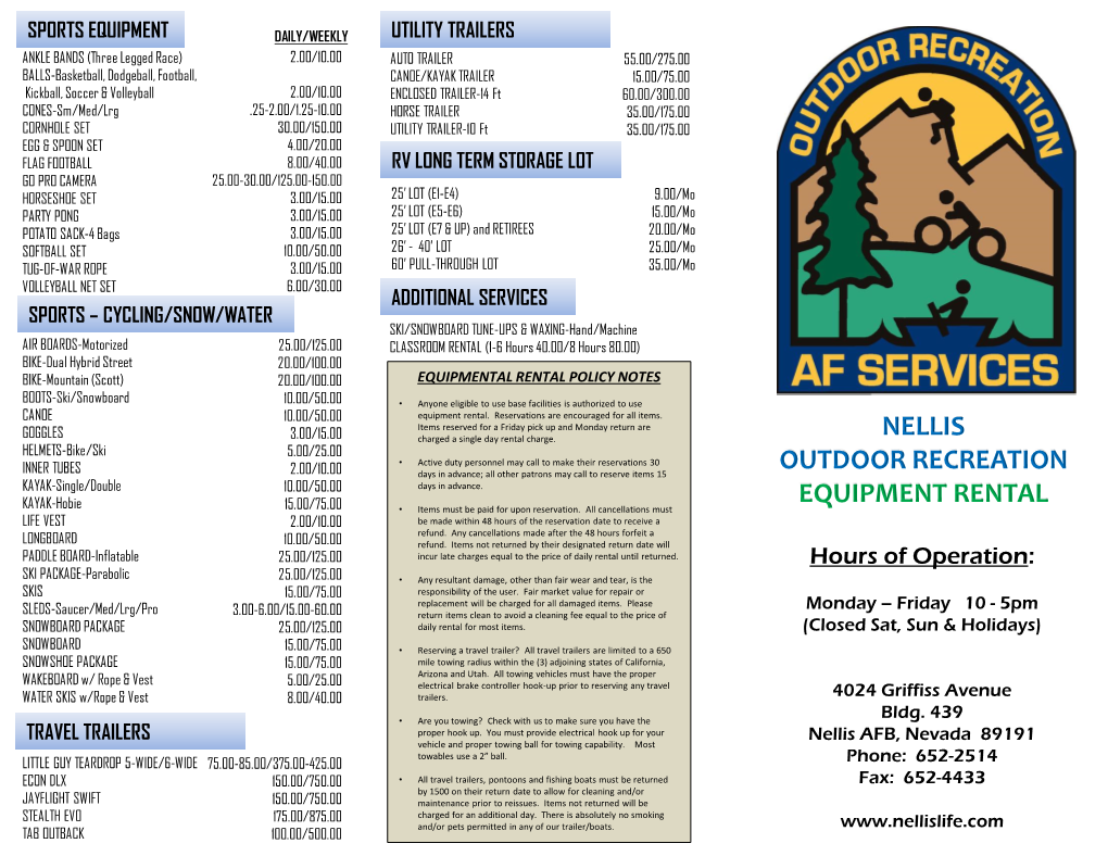 Nellis Outdoor Recreation Equipment Rental