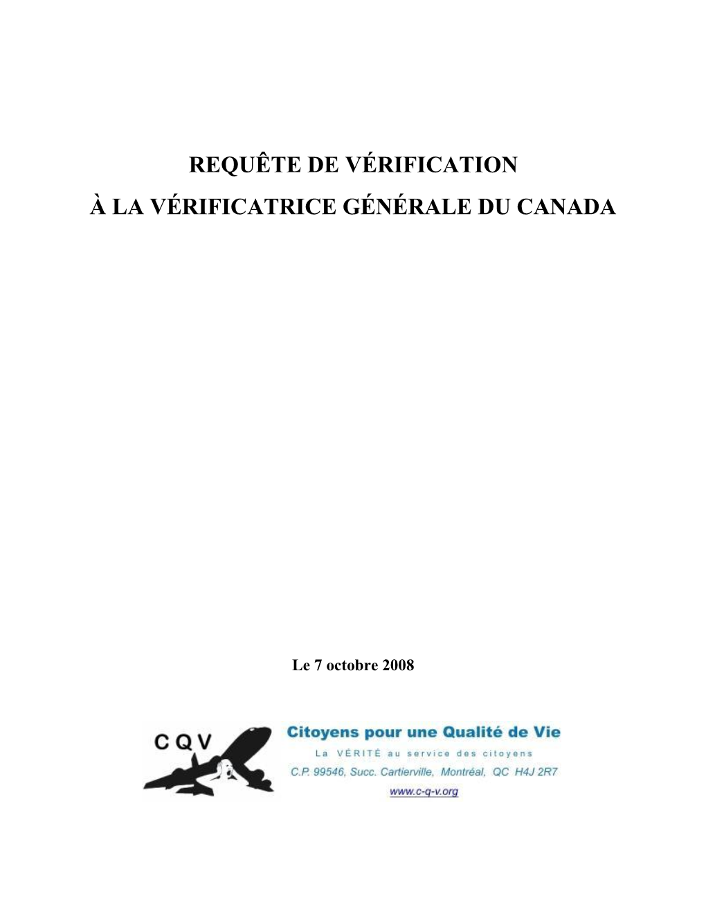 Requête De Vérification À La Vérificatrice Générale Du Canada