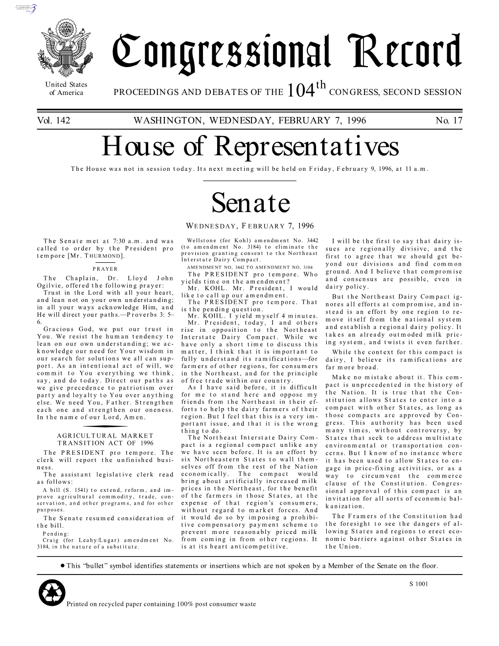 Congressional Record United States Th of America PROCEEDINGS and DEBATES of the 104 CONGRESS, SECOND SESSION