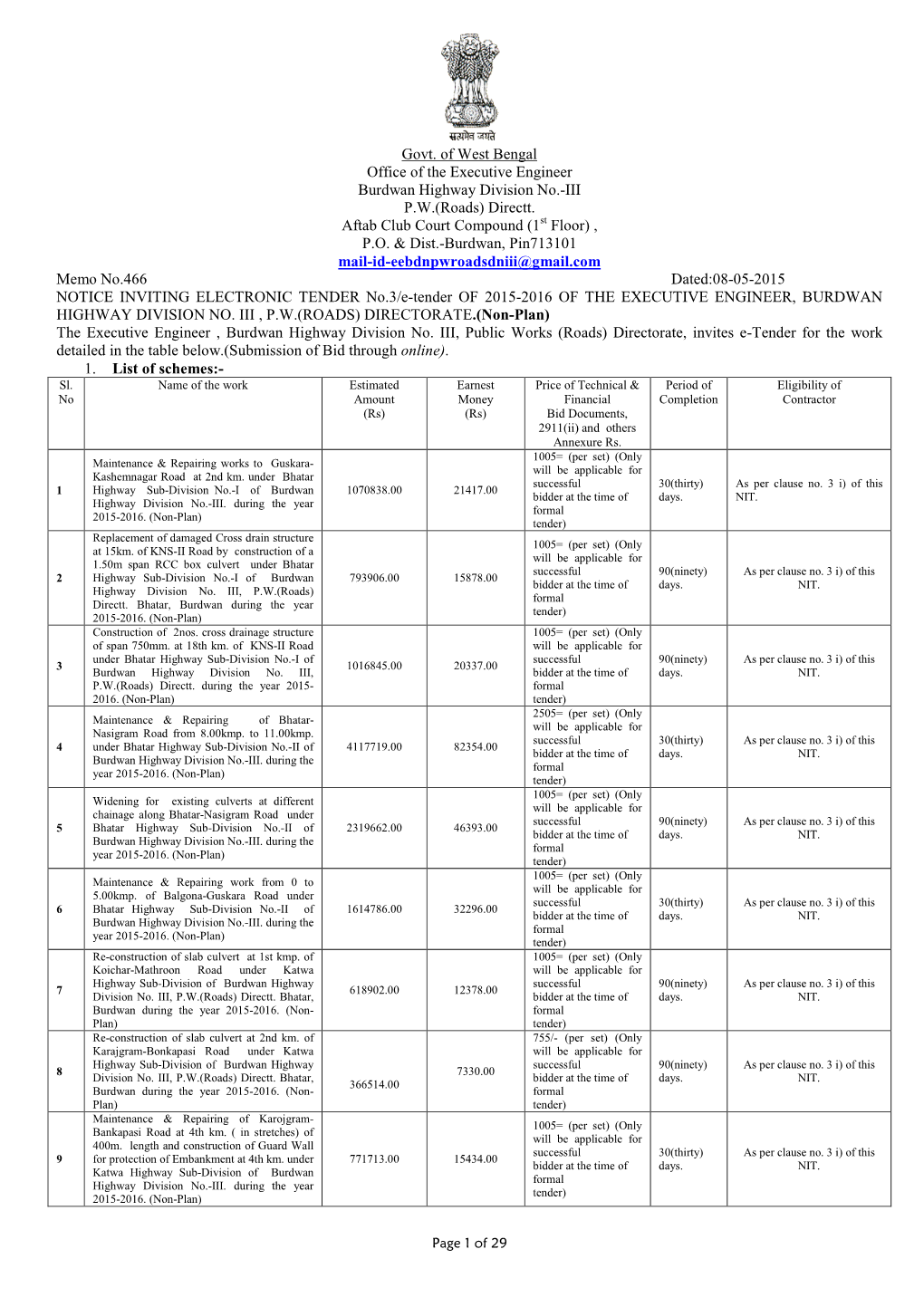 Govt. of West Bengal Office of the Executive Engineer Burdwan Highway Division No.-III P.W.(Roads) Directt