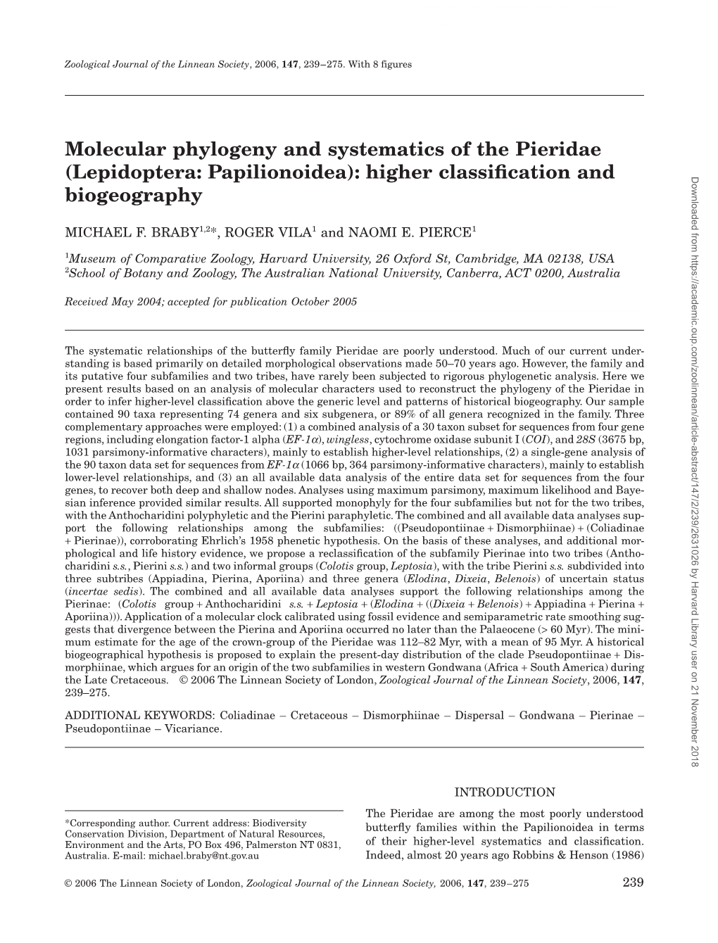 Molecular Phylogeny and Systematics of the Pieridae (Lepidoptera: Papilionoidea): Higher Classification and Biogeography