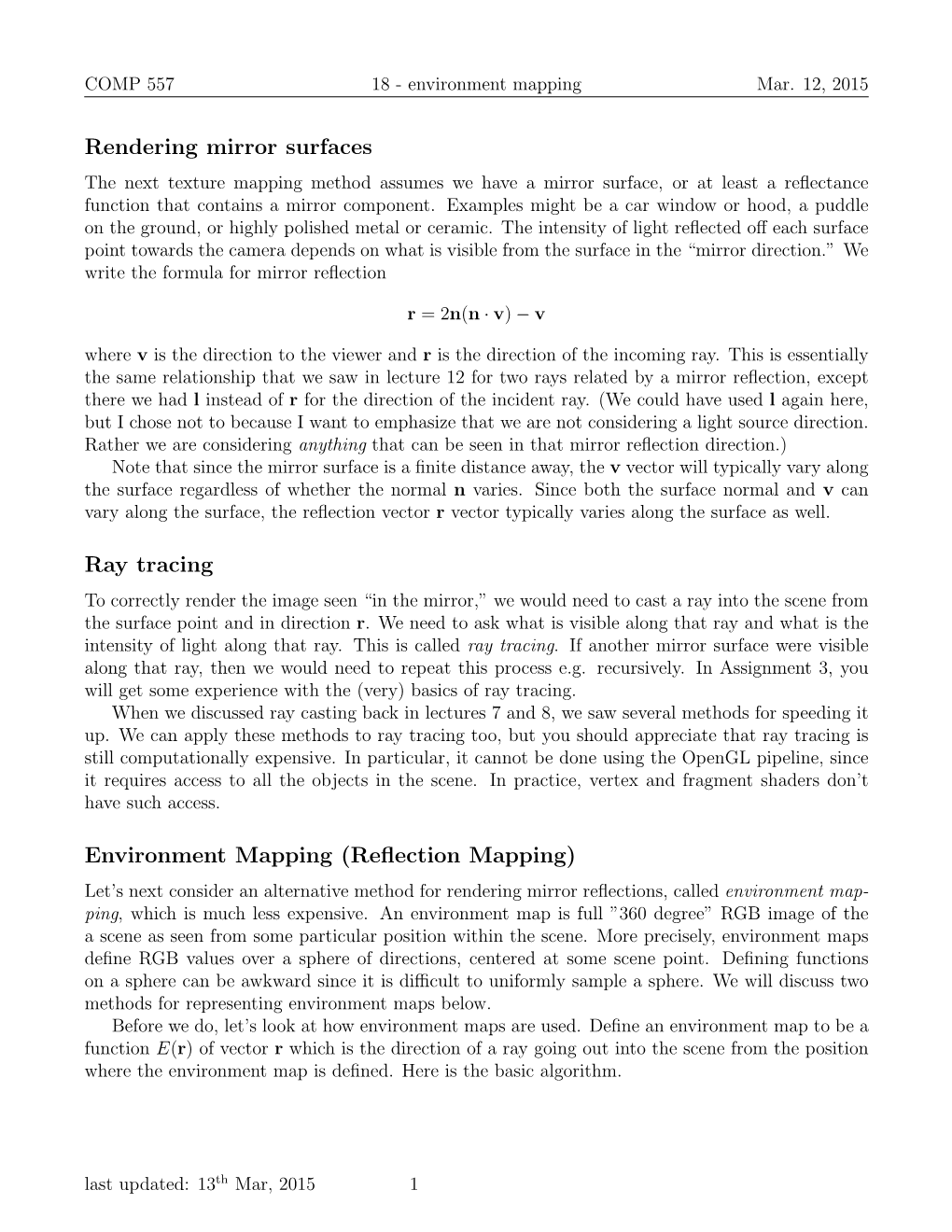 Rendering Mirror Surfaces Ray Tracing Environment Mapping (Reflection