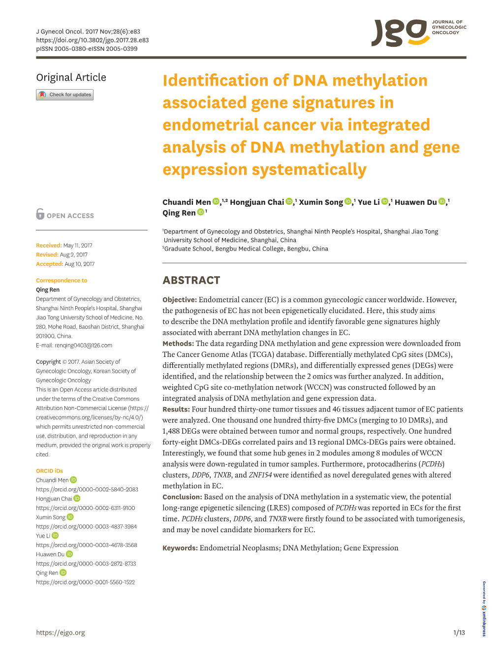 Identification of DNA Methylation Associated Gene Signatures in Endometrial Cancer Via Integrated Analysis of DNA Methylation and Gene Expression Systematically