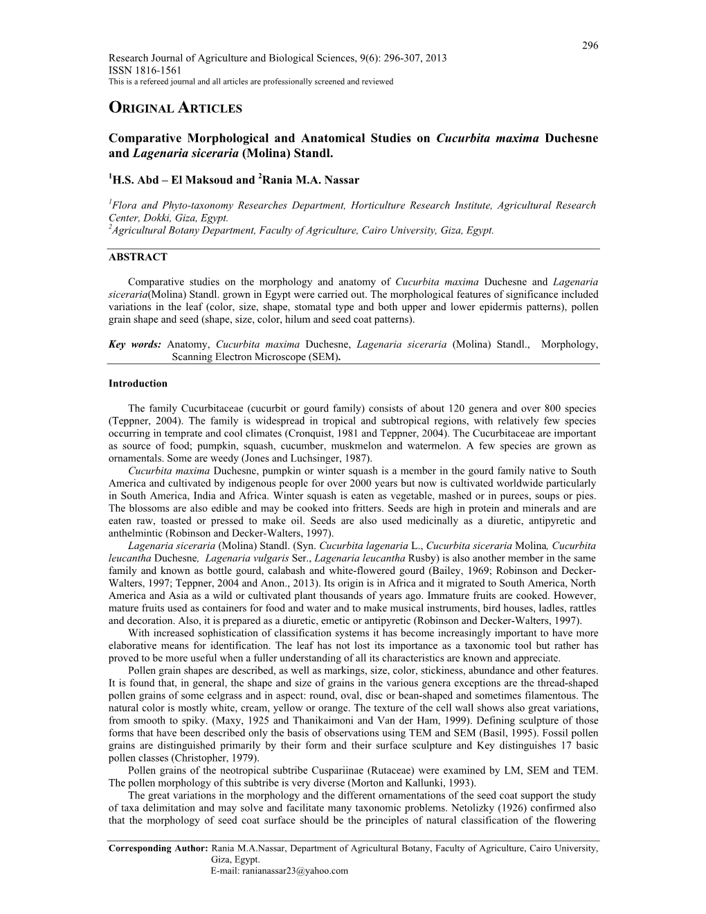 Comparative Morphological and Anatomical Studies on Cucurbita Maxima Duchesne and Lagenaria Siceraria (Molina) Standl