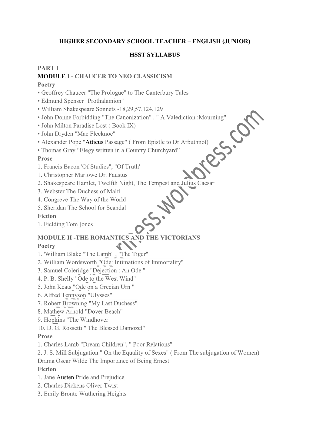 Higher Secondary School Teacher – English (Junior) Hsst Syllabus