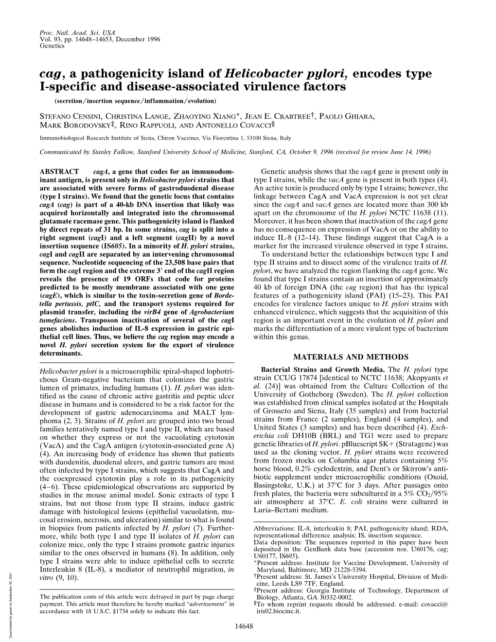 Cag, a Pathogenicity Island of Helicobacter Pylori, Encodes Type I