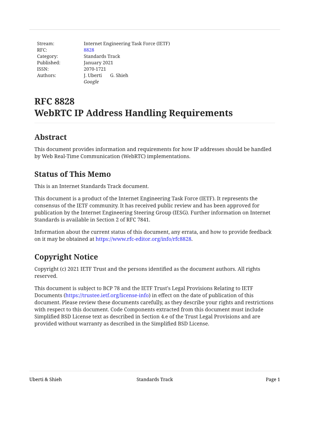 RFC 8828: Webrtc IP Address Handling Requirements