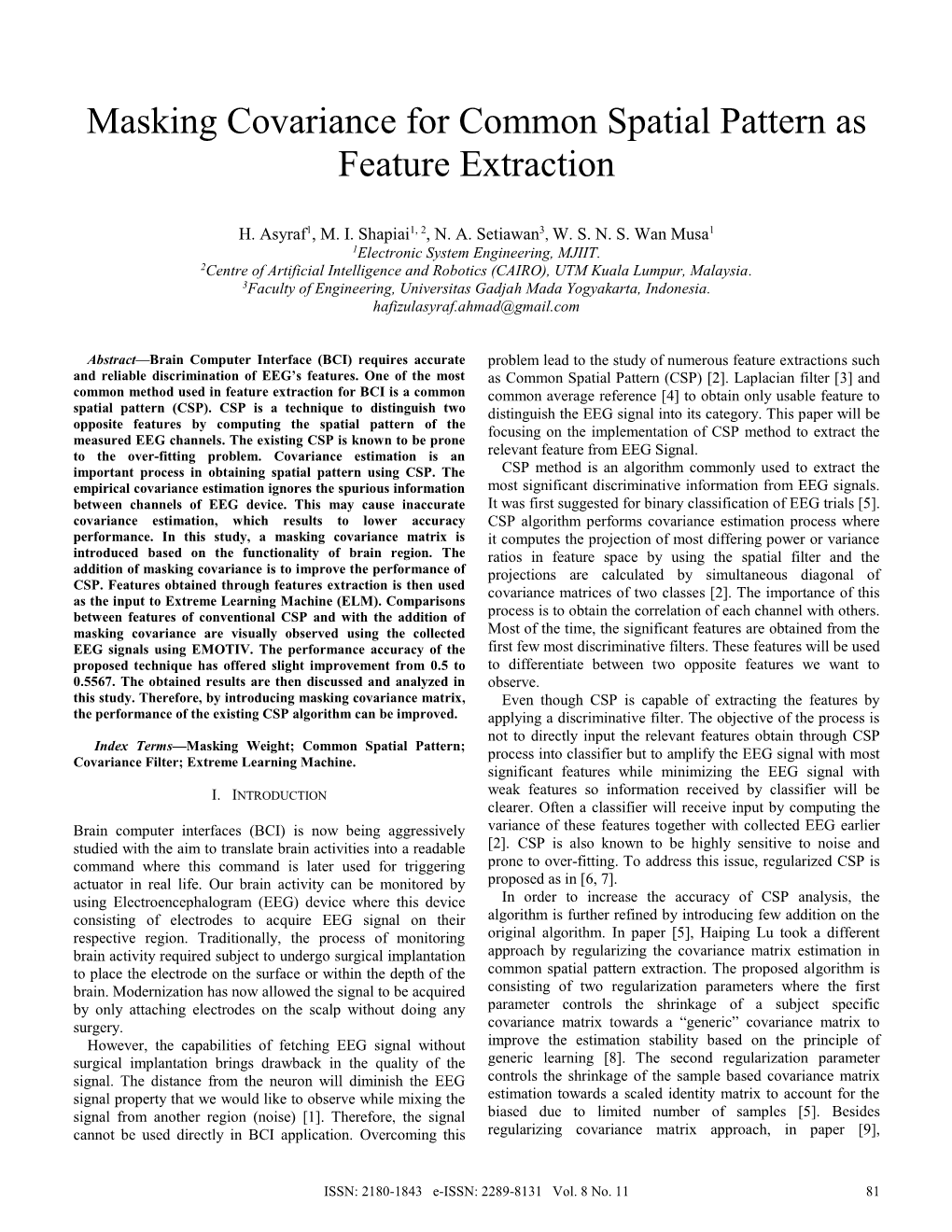 Masking Covariance for Common Spatial Pattern As Feature Extraction