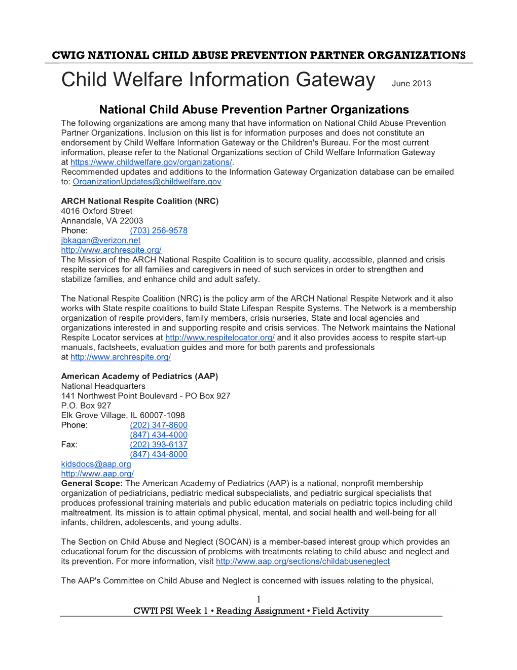 Cwig National Child Abuse Prevention Partner Organizations