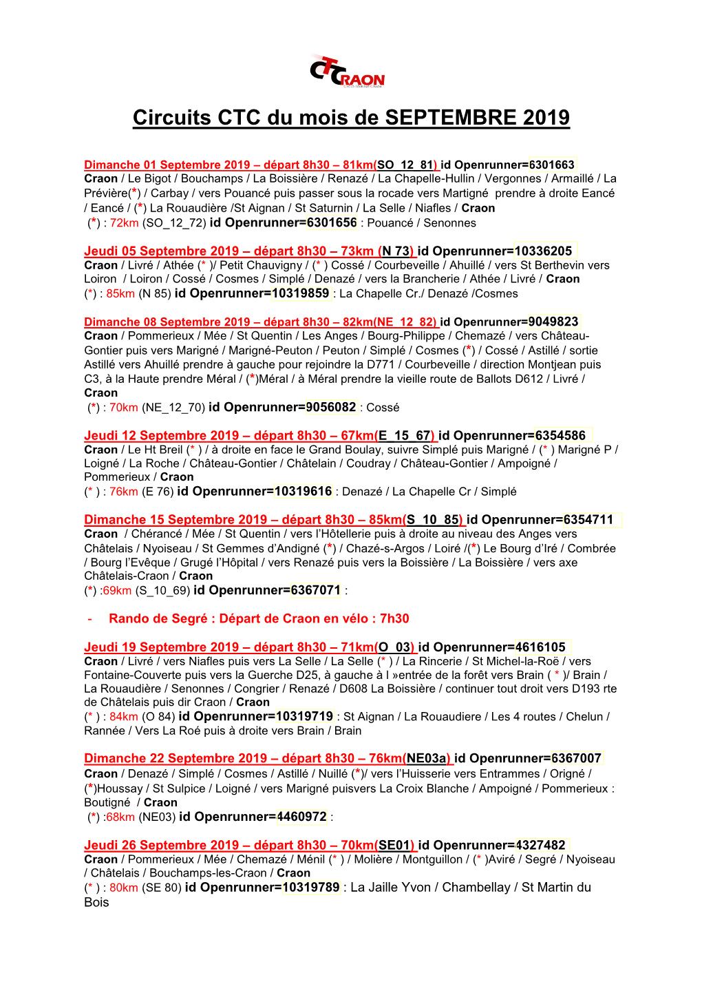 Circuits CTC Du Mois De SEPTEMBRE 2019