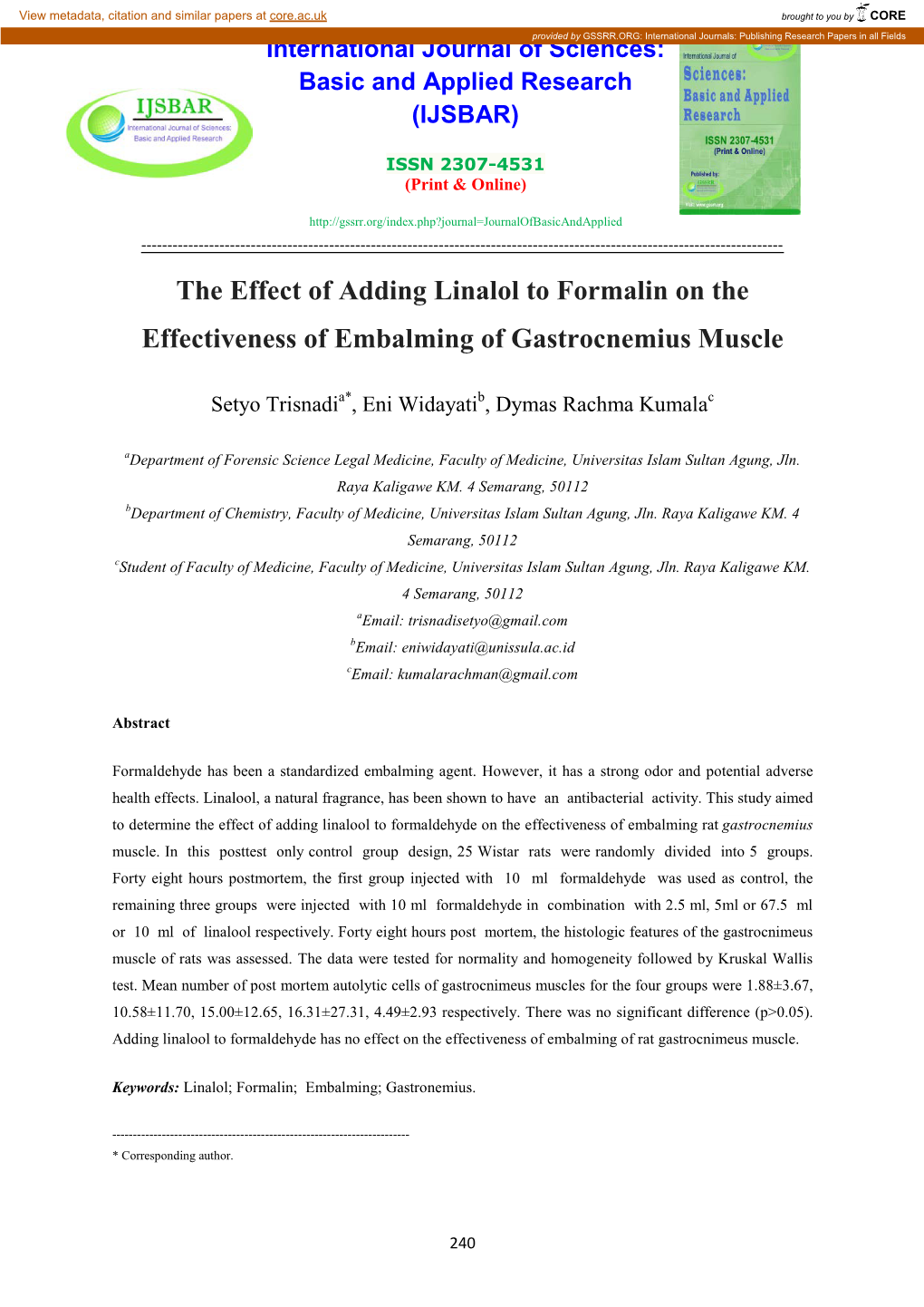 The Effect of Adding Linalol to Formalin on the Effectiveness of Embalming of Gastrocnemius Muscle