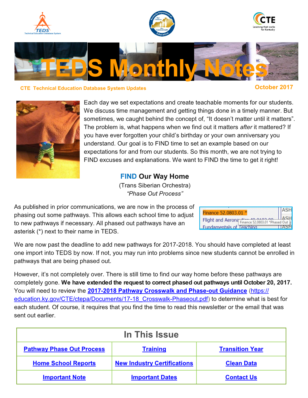 TEDS Monthly Notes CTE Technical Education Database System Updates October 2017