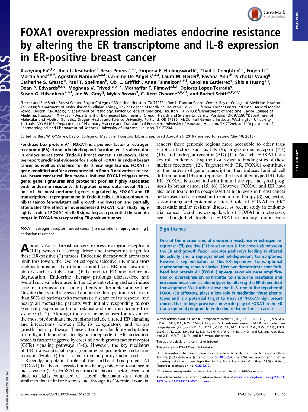 FOXA1 Overexpression Mediates Endocrine Resistance by Altering The