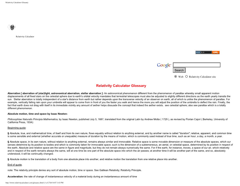 Relativity Calculator Glossary