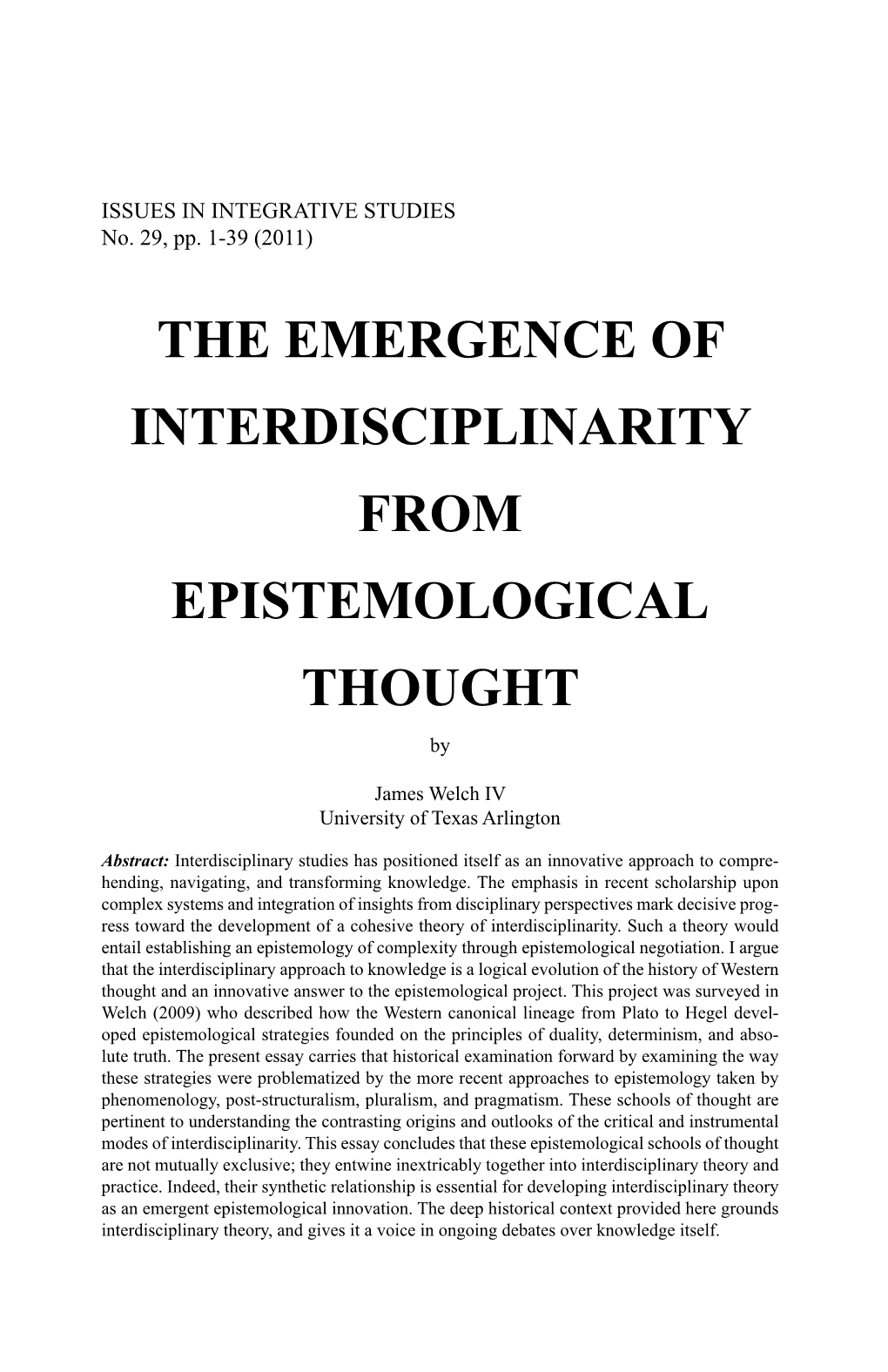 THE EMERGENCE of INTERDISCIPLINARITY from EPISTEMOLOGICAL THOUGHT By