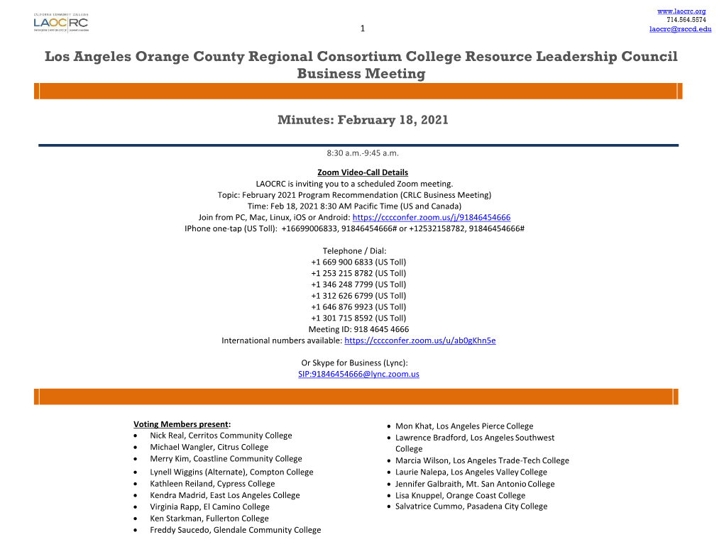 Los Angeles Orange County Regional Consortium College Resource Leadership Council Business Meeting