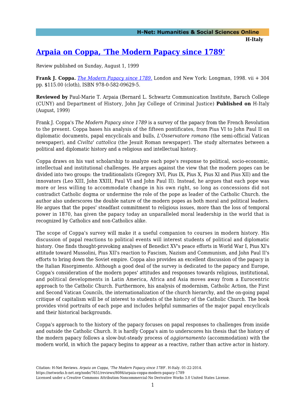 Arpaia on Coppa, 'The Modern Papacy Since 1789'