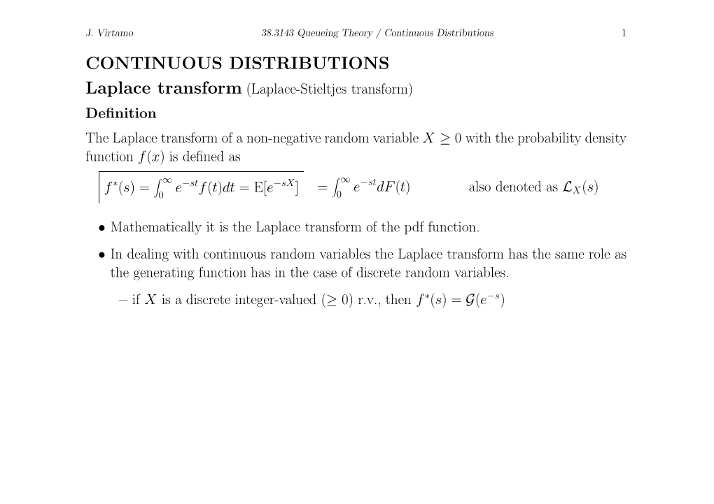 CONTINUOUS DISTRIBUTIONS Laplace Transform