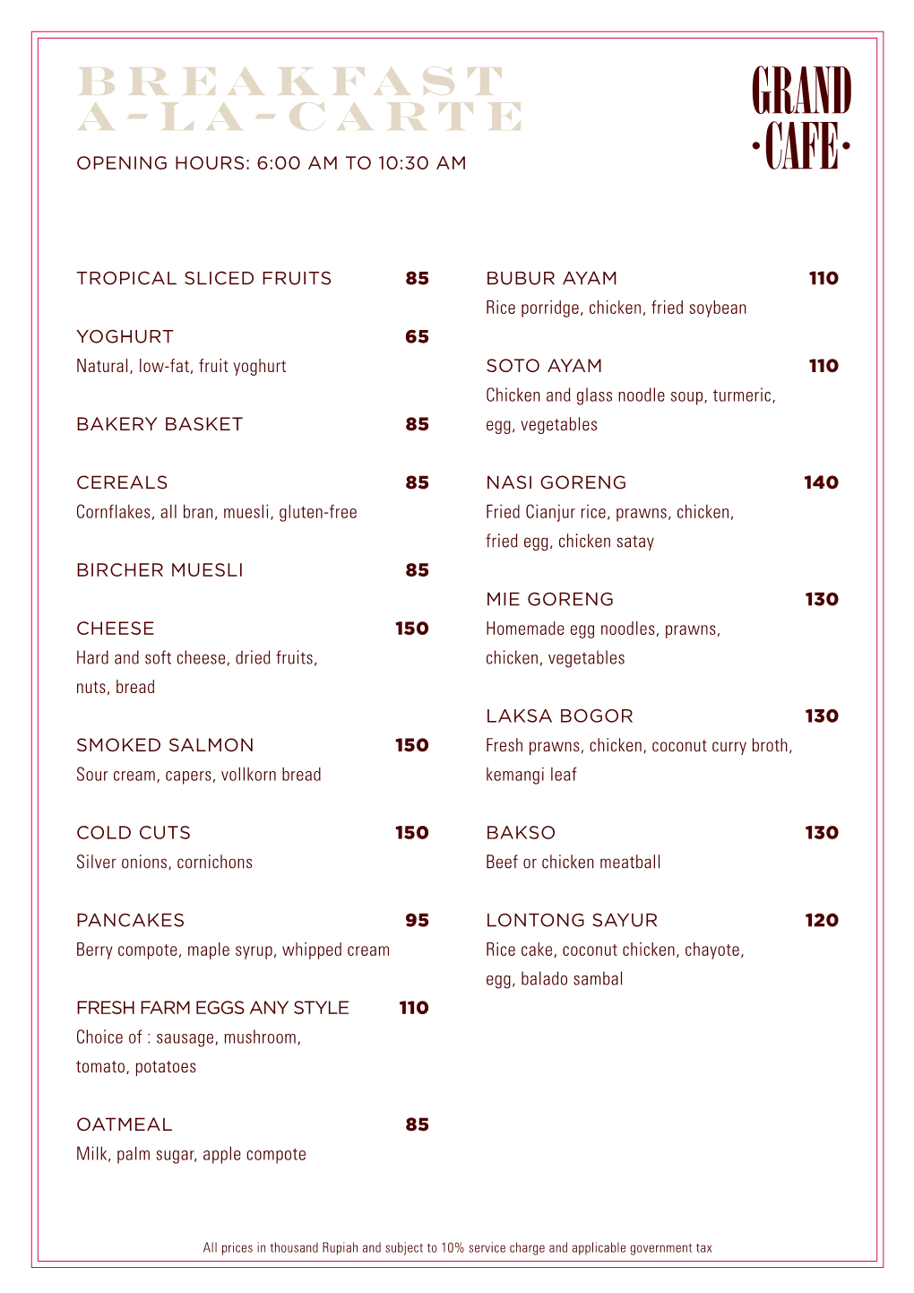 Grand Cafe Breakfast Menu