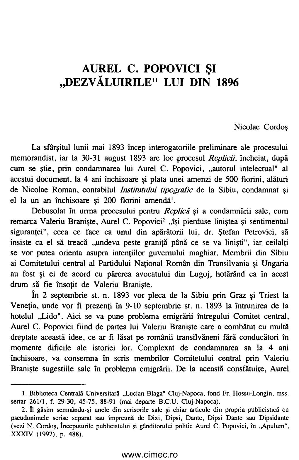 Aurel C. Popovici Şi ,,Dezvăluirile" Lui Din 1896