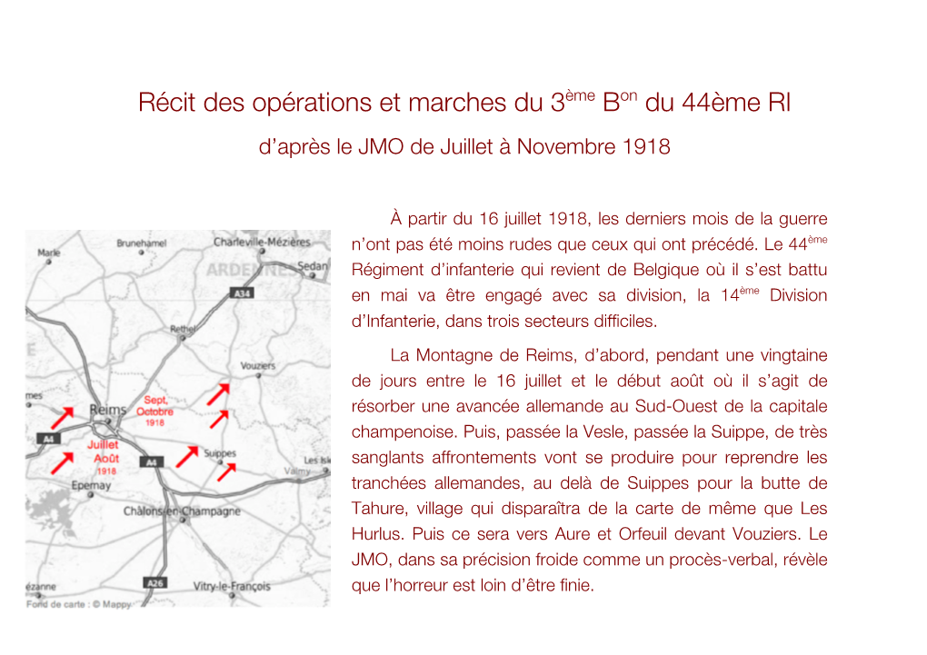 Récit Des Opérations Et Marches Du 3Ème Bon Du 44Ème RI D’Après Le JMO De Juillet À Novembre 1918