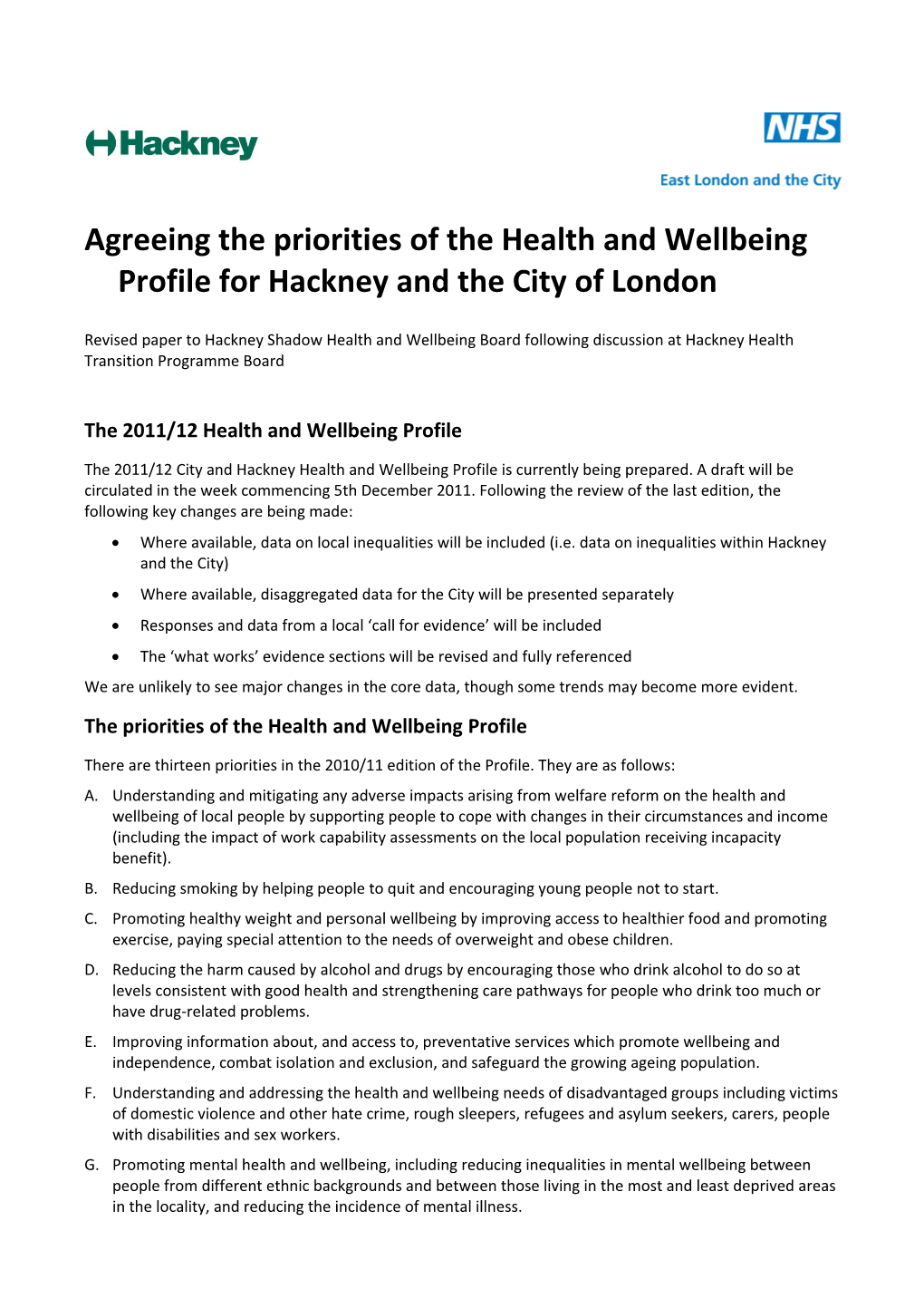 Agreeing the Priorities of the City and Hackney Health and Wellbeing Profile