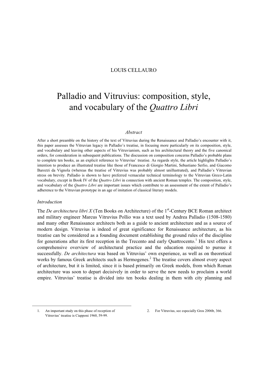 Palladio and Vitruvius: Composition, Style, and Vocabulary of the Quattro Libri