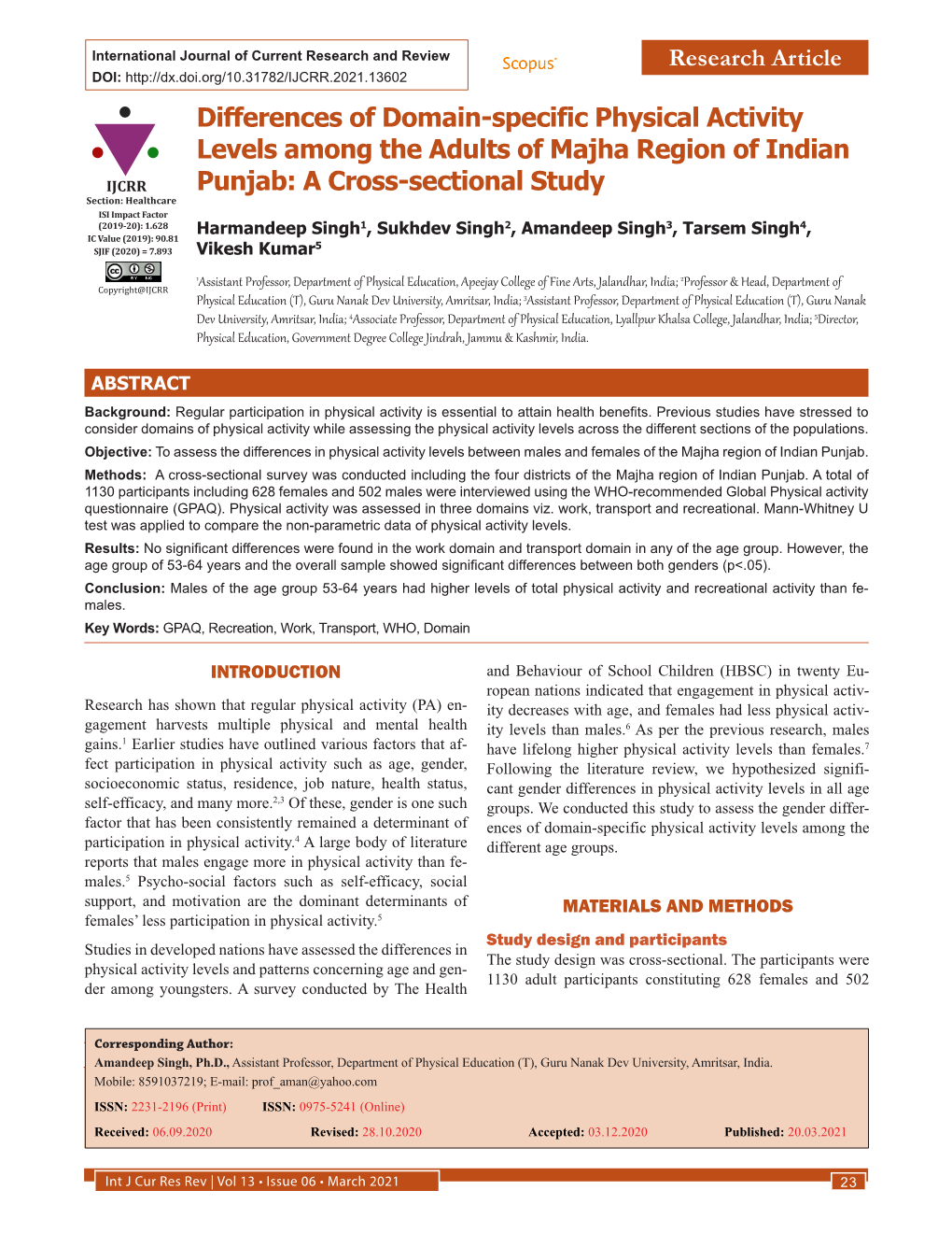 Differences of Domain-Specific Physical Activity Levels