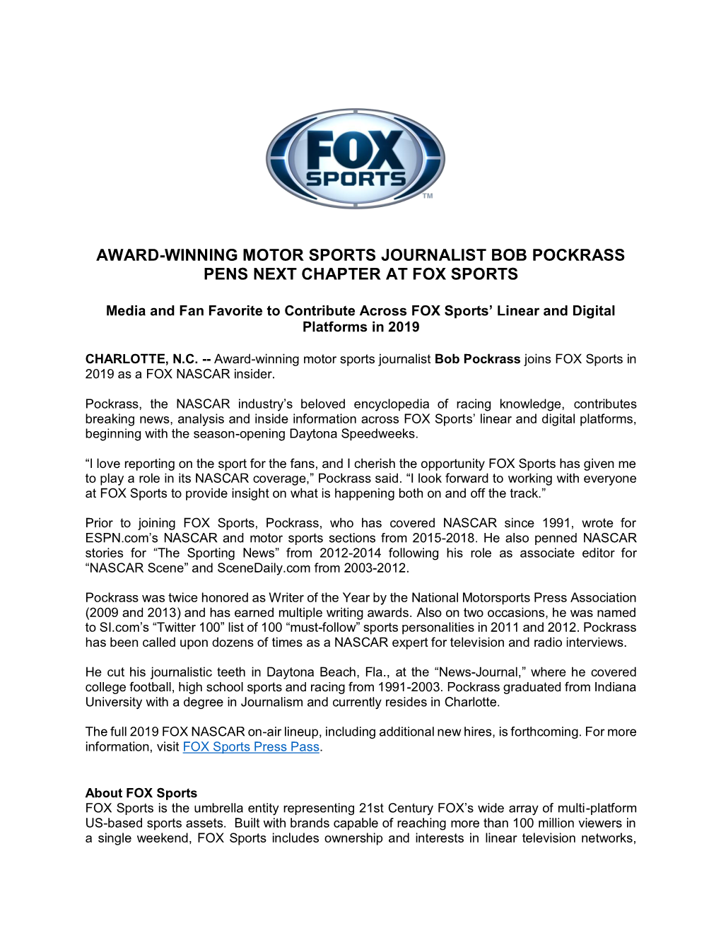 Award-Winning Motor Sports Journalist Bob Pockrass Pens Next Chapter at Fox Sports