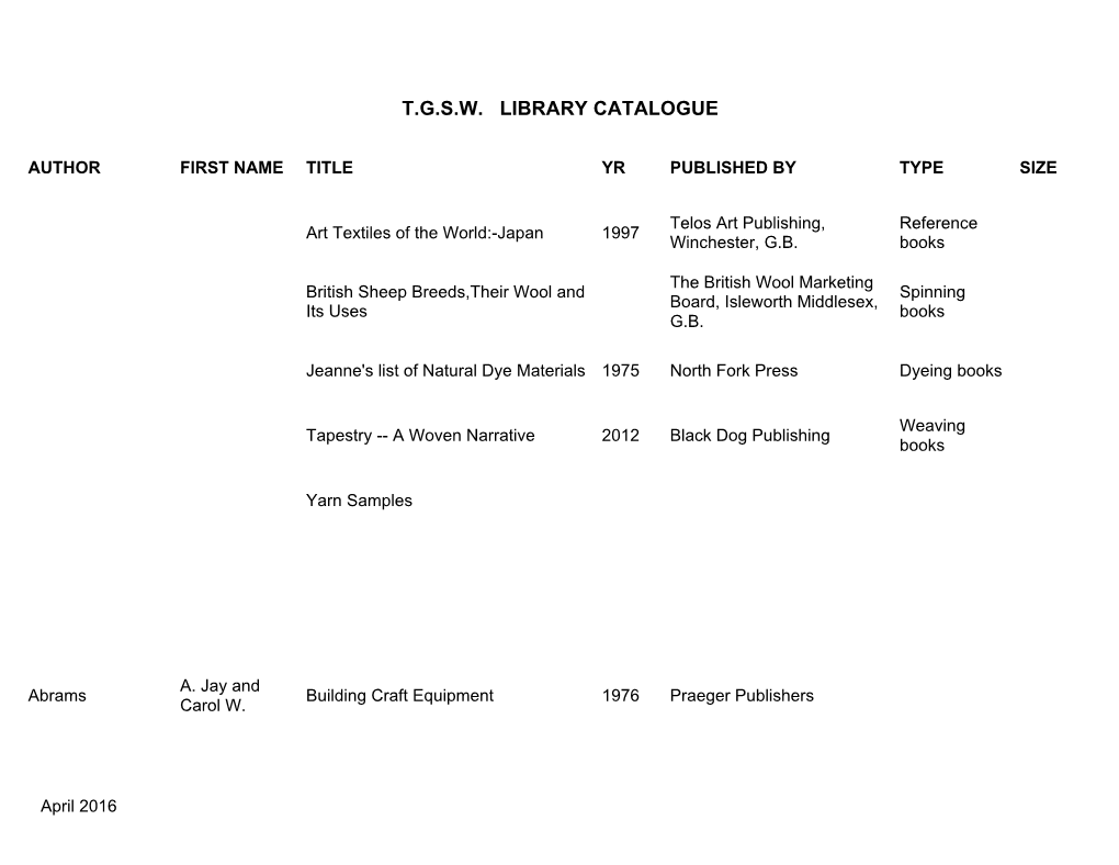 T.G.S.W. Library Catalogue
