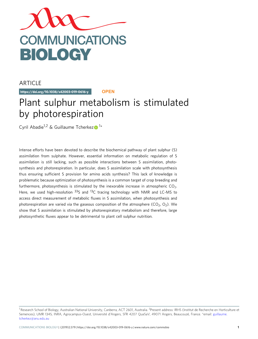 Plant Sulphur Metabolism Is Stimulated by Photorespiration