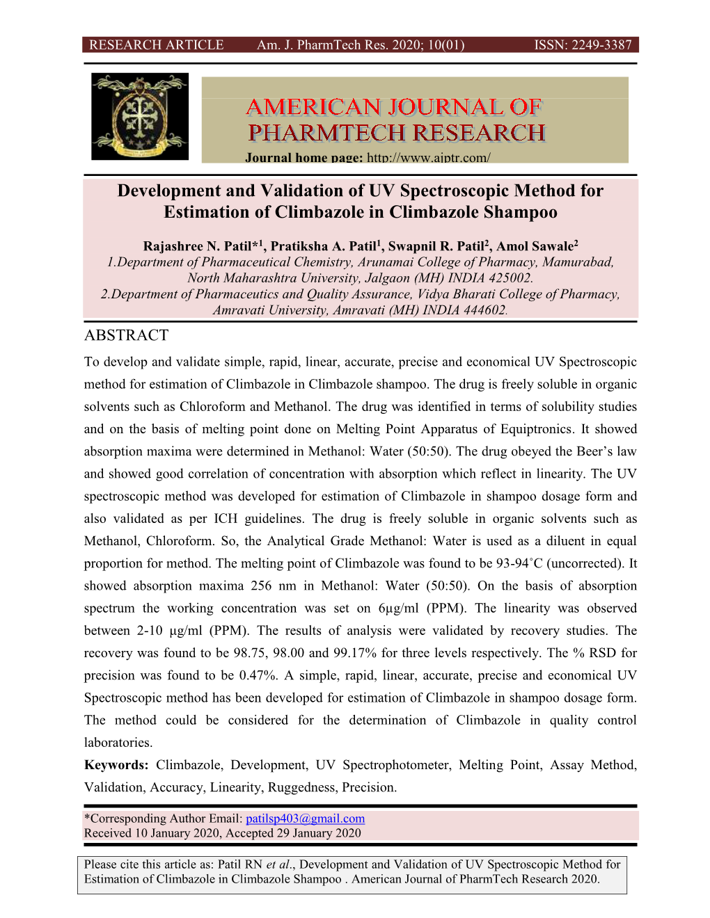 Development and Validation of UV Spectroscopic Method for Estimation of Climbazole in Climbazole Shampoo