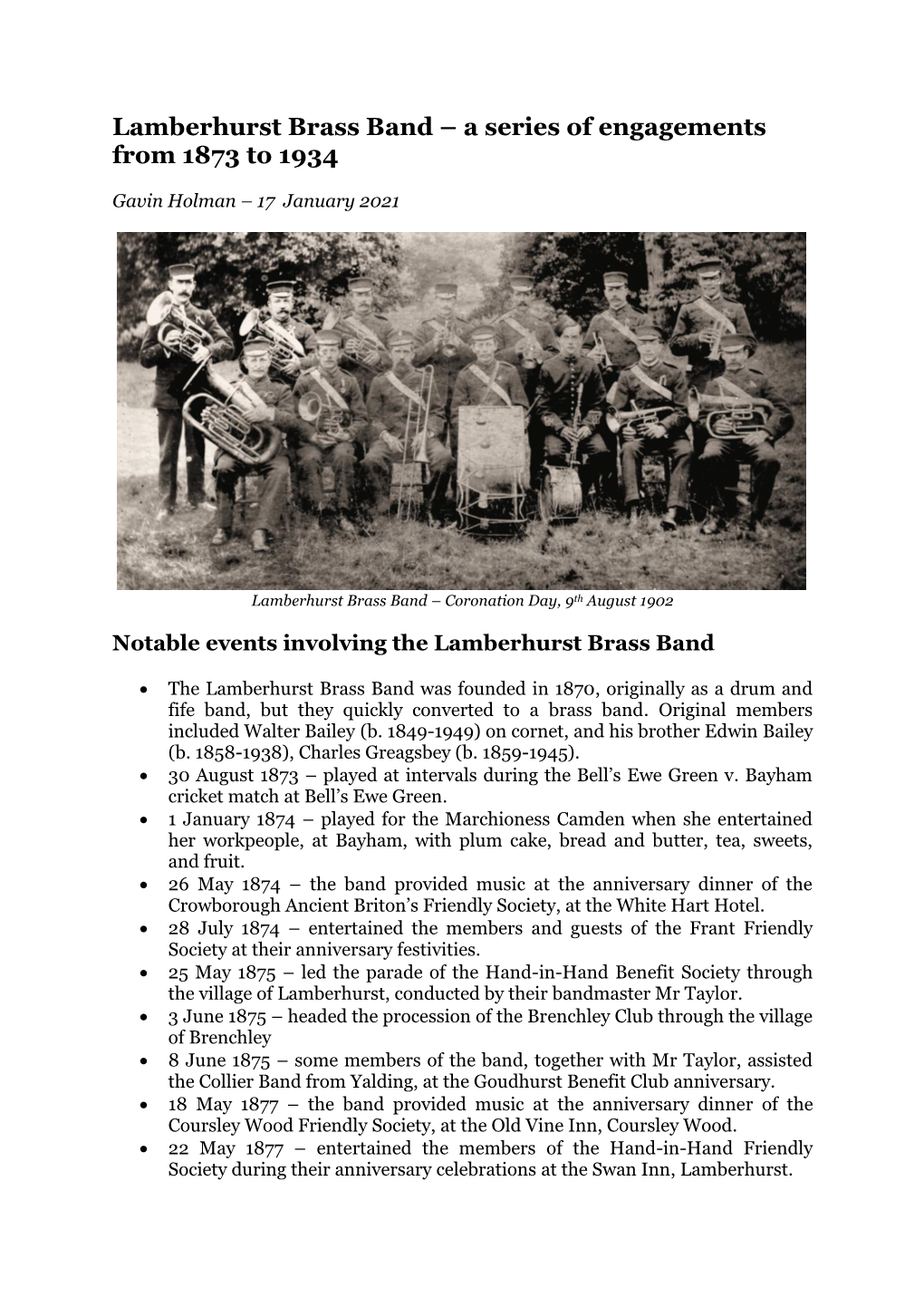 Lamberhurst Brass Band – a Series of Engagements from 1873 to 1934